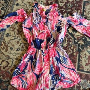 Lilly Pulitzer Pink & Navy Tropical Cold-Shoulder Romper